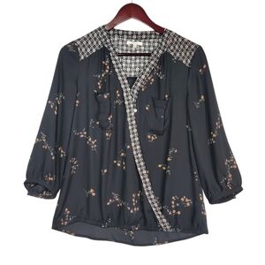 Maurices Flowy Black Floral Faux-Wrap Blouse Boho Whimsigoth Fairy 3/4 Sleeve Sm